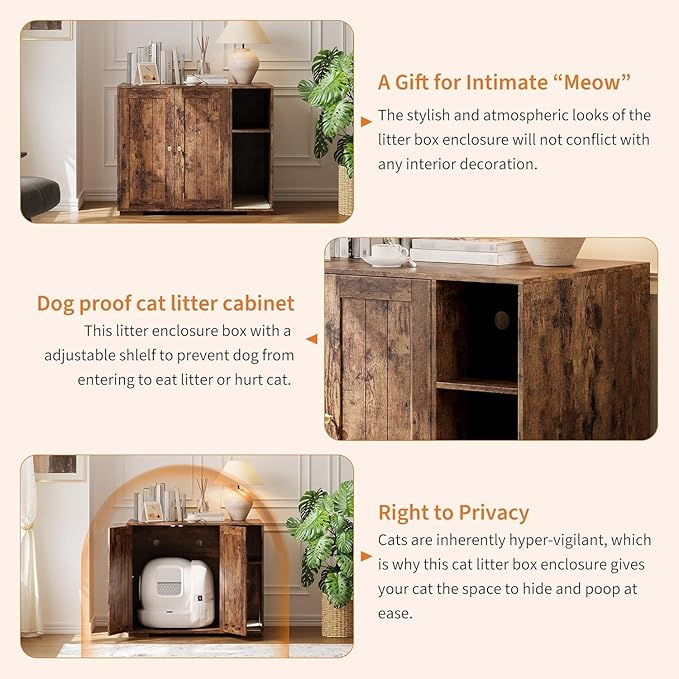 Litter Box Enclosure Cabinet, Built-in Power Outlet & 5 Ft Cord, Cat Litter Furniture with Dog-Proof Shelf and Mat, Fits Most Self-Cleaning Litter Boxes, Brown