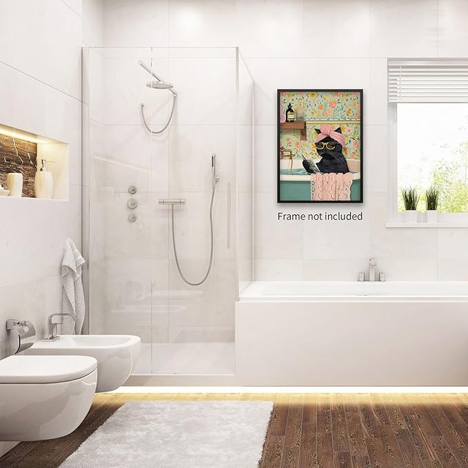 OMANI Funny Black Cat Bathroom Wall Art Cute Animal Reading Poster Trendy Preppy Aesthetic Canvas Prints for Living Room Bedroom Toilet Kids Room Wall Decor 16x24 inch Unframed
