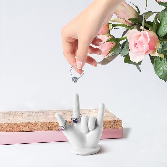 PUDDING CABIN Mothers Day Gifts for Mom Wife, Hand Ring Holder - I LOVE YOU - Wedding Ring Stand, Rings Display, Rings Organizer, Birthday Engagement Gifts for Women, Men, Couple, Home Decor