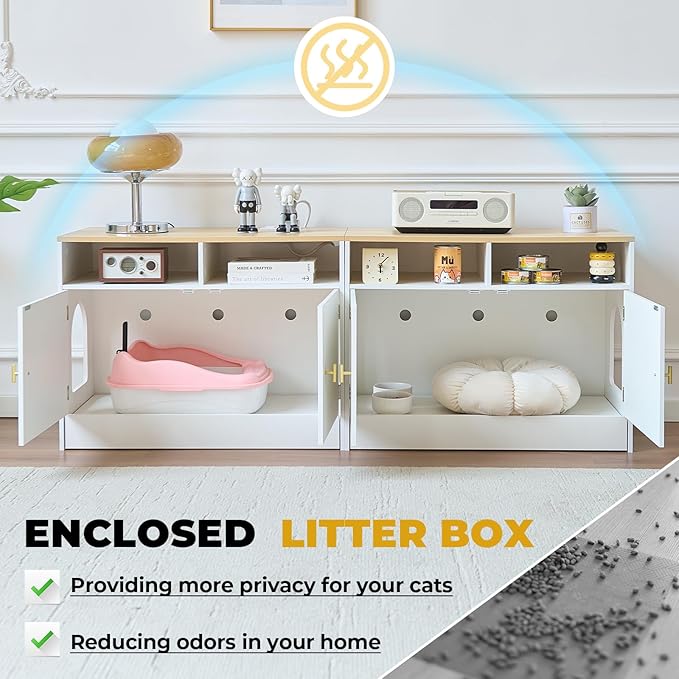 Cat Litter Box Enclosure for 2 Cats, TV Stand with Storage & Outlet, 63" Double Litter Box Enclosure Furniture, Wooden Enclosed Litter Box Cabinet, 63”L x 15.7”W x 23.6”H, White & Wood