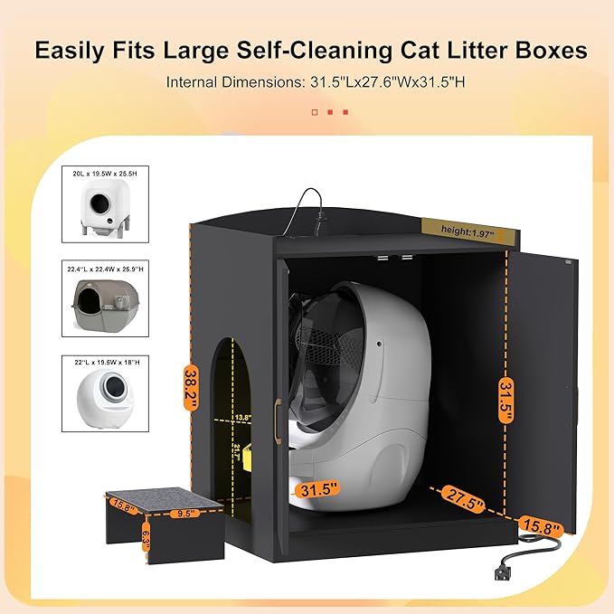 Heybly Litter box Enclosure,large Cabinet with Charging Station,Wooden Cat Litter Box Enclosure Furniture for Self-Cleaning Robot 3 & 4,Hidden for Smart Litter Box Size for senior cats,Black HCLB005BK