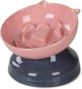 Elevated Slow Feeder Cat Bowl, 15° Tilted Ceramic Raised Cat Bowl for Indoor Cats, Anti Vomiting Design, Cute Cat Ear Heavy Base, Whisker Friendly Healthy Feeding Dish (Pink)