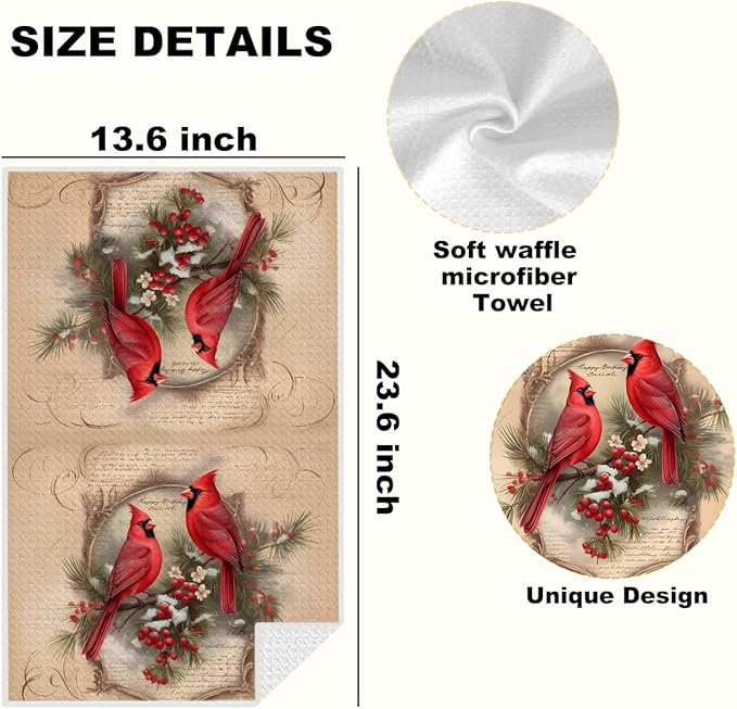 Lovdazzles Vintage Cardinal Kitchen Towels, Holly Berry Decorative Absorbent Microfiber Dish Cloth Tea Towel, Pine Branch Waffle Soft Hand Towels for Farmhouse Home Bathroom Kitchen Decor