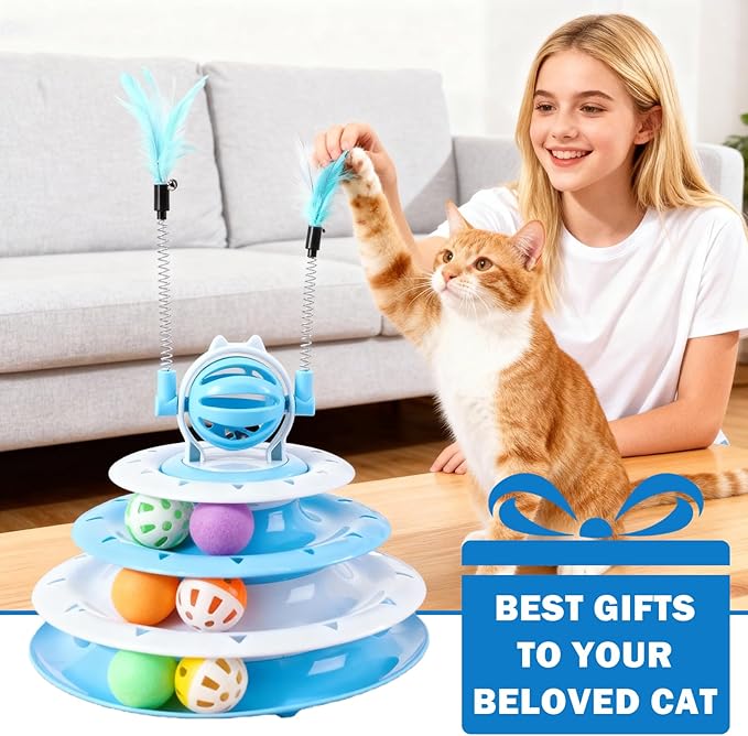 Cat Turntable Toy Ball - Interactive Kitten Toys & Toys for Indoor Cats with 6 Colorful Balls & 2 Cat Teaser Wands, Fun Mental & Physical Exercise Puzzle Plaything for Kitty Kitten to Play (Blue)