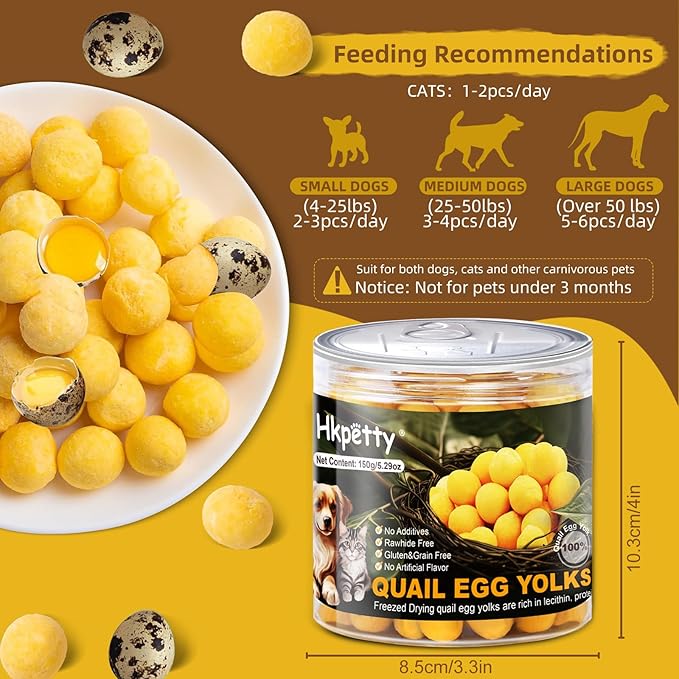 Freeze Dried Cat and Dog Treats Quail Egg Yolk 150g(5.29oz), Healthy Tasty Snacks for Cats Dogs Training, Natural Freeze-Dried Limited Ingredient,Wholesome and Delicious Snacks for Pets