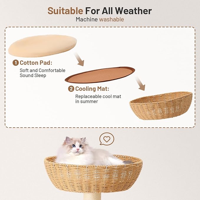 Modern Rattan Cat Tree House Condo Tall Heavy Duty Cat Climbing Tower with Scratching Post,Basket,Bed,and Stand for Indoor Large Adult Cat