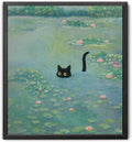 Funny Cat in Water Lilies Wall Art, Vintage Monet-Style Bathroom & Bedroom Decor, Ready to Hang Aesthetic Cat Gift for Dorm, Living Room, Black Frame Canvas Print(11’’x14’’)