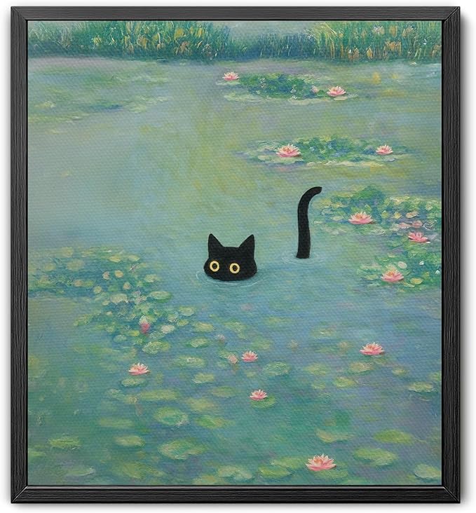 Funny Cat in Water Lilies Wall Art, Vintage Monet-Style Bathroom & Bedroom Decor, Ready to Hang Aesthetic Cat Gift for Dorm, Living Room, Black Frame Canvas Print(11’’x14’’)