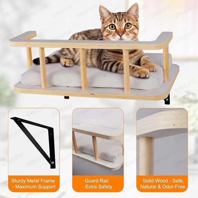 Large Cat Wall Shelves with 5 Steps - Heavy Duty Cat Wall Furniture, Climber, Shelves & Perches with Comfy Cushion & Guardrails, Space-Saving for Indoor Cats(Dark)