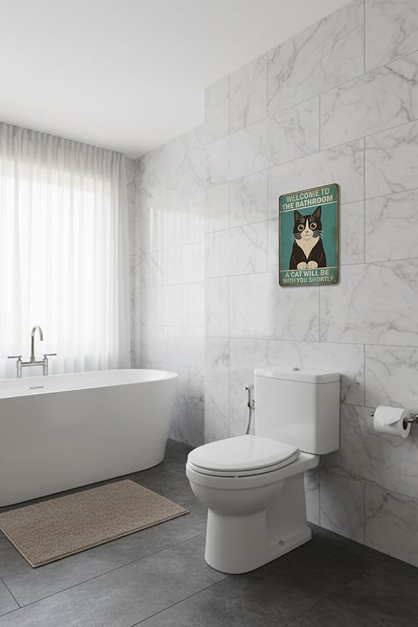 Funny Bathroom Sign Welcome to The Bathroom A Cat Will Be with You Shortly Humorous Restroom Decor Quirky Cat Lover Gift Novelty Aluminum Sign 8x12 Inches Black White Cat