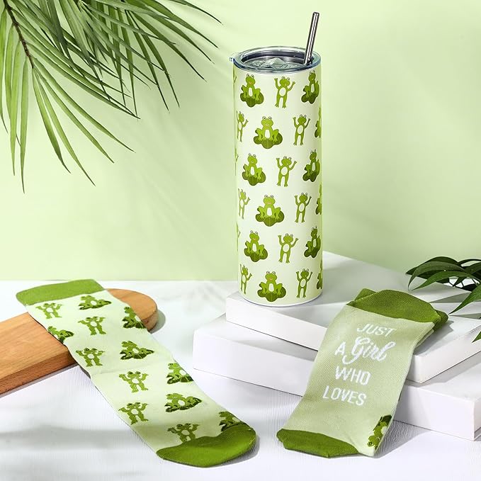 Funnymoom 2 Pack Frog Gifts Set Skinny Tumbler 20 oz Travel Coffee Mug Novelty Cute Animals Socks for Christmas Birthday Party