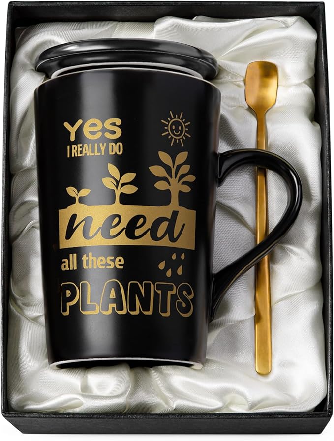 Gardening Gifts for Women Men - Cool Plant Lover Gift Coffee Mug, Garden Gifts for Gardeners, Plant Lady, Mom, Dad, Son, 14oz Black Ceramic Mug with Gold Print, Lid, Spoon Card, Luxury Gift Boxed