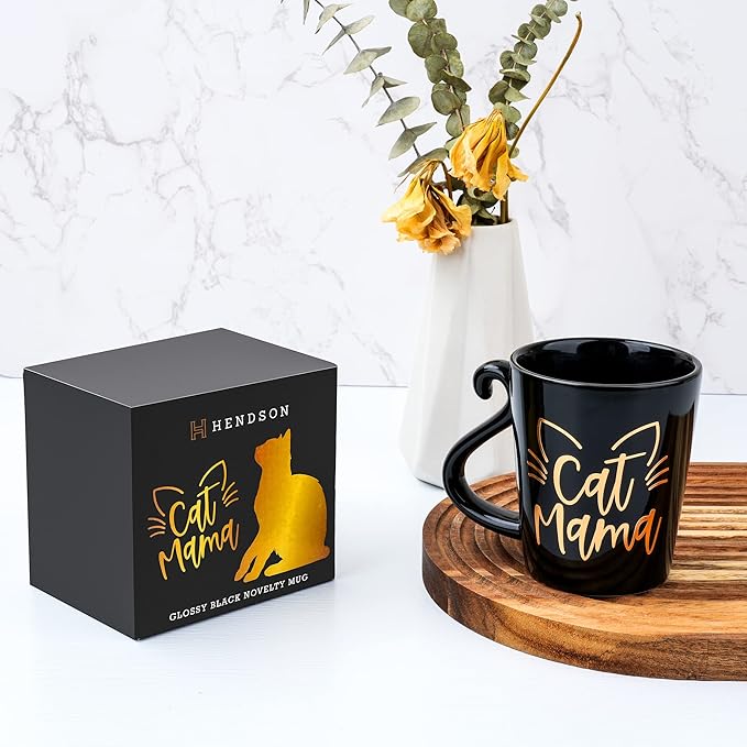 Hendson Cat Mom Gifts for Women - Mama Birthday Gift - Crazy Cat Lover Lady Coffee Mug Gift for Mom, Daughter, Sister, Aunt, Wife, Best Friends, BFF, Coworkers, Her - 2-sided Black & Gold Cup, 12oz