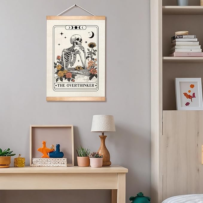 HEYJEEPER The Overthinker Tarot Card Wall Art,Skeleton and Floral for Witch Room Decor,Humorous Wall Hanging Linen Print Poster for Bedroom,Library, Study room 14x18inch(The Overthinker)