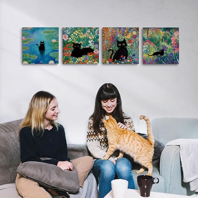 4 PCs Floral Cats Canvas Wall Art Framed Wall Decor, Cat Lover Gifts, Cat Themed Gifts Art Prints Paintings, Aesthetic Pictures Home Decor for College Dorm Bathroom Bedroom Farmhouse