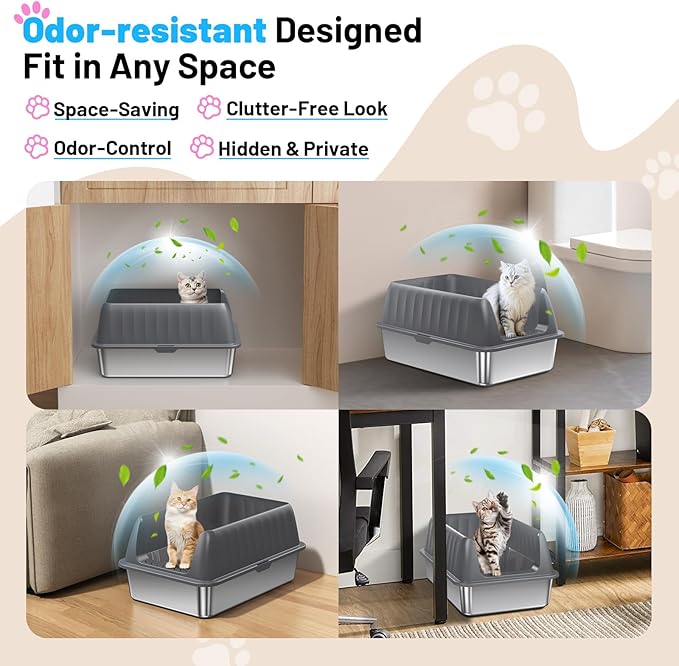 Stainless Steel Litter Box Enclosed Cat Litter Box with High Sided Lid Odor Control Non-Stick Easy Clean Low Entry Anti-Tracking Litter Box for Kittens & Small Cats