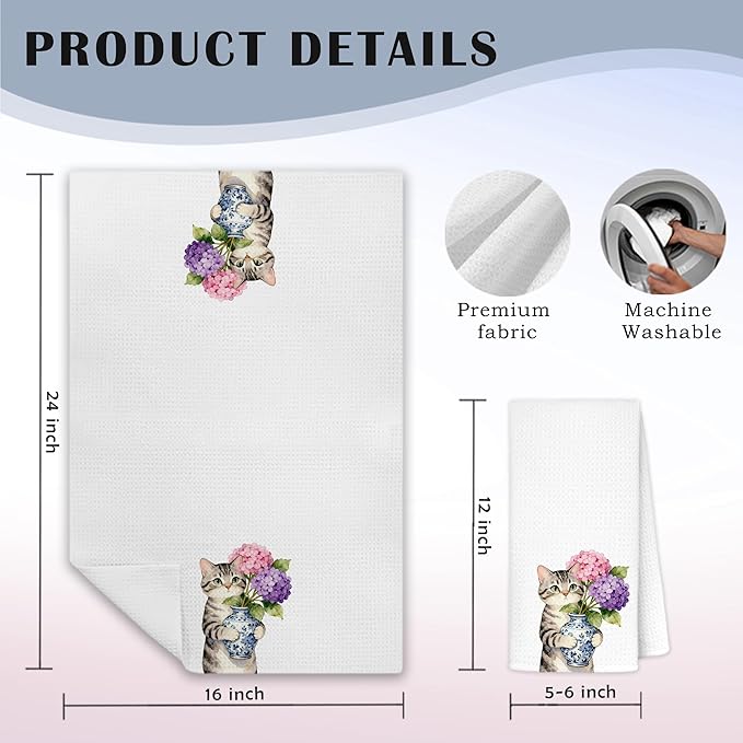 Tabby Cat Pink Purple Hydrangea Kitchen Towels, Cat Lovers Mom Gifts Dish Tea Towels for Kitchen Decor, Chinoiserie Porcelain Floral Kitty Decorative Hand Towel Bathroom Decor, 16x24 Inch
