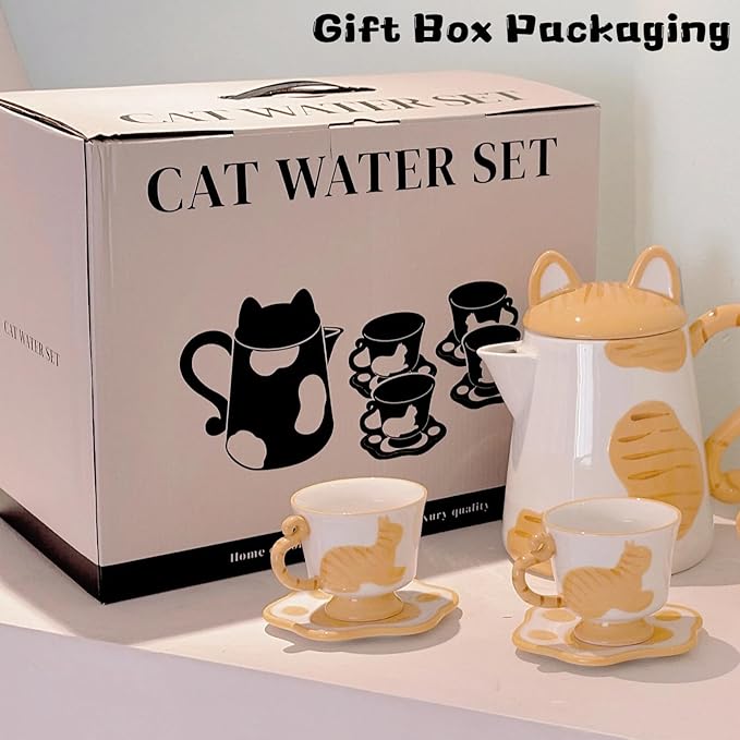 Ceramic Cat Tea Set,Cute Cat Paw Tea Mugs And Saucers Set Of 4,Perfect Cat Themed Gifts,Lovely Cat Decor,Tea Sets for Adults,Excellent Gift Idea For Cat Lovers (Black, 4)
