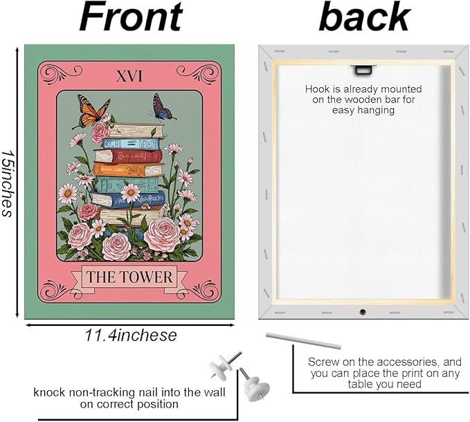Stack of Books Wall Art, Book Lovers Gifts, Vintage Prints Flower Canvas Framed Painting for Room Decor, Butterflies Prints for Living Room Entryway Bedroom Book Shelf Office 15x11.4 inch