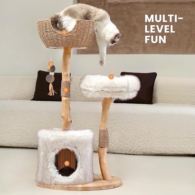 PEGIC Cat Tree Tower for Cats with Two Real Branches, 44 Inch Wood Modern Cat Tower with Luxury Cat Condo, Cat Scratching Post, Jumping Platforms, Cat Furniture (Long Plush)