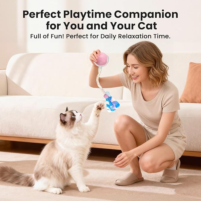 Rocfish Cat Toys, Cat Toys for Indoor Cats, Cat Toys Interactive, 360° Rotating Automatic Interactive Cat Ball, Smart Activation, LED Light, Type-C Rechargeable, 3 Replaceable Dragonfly Tails (Pink)