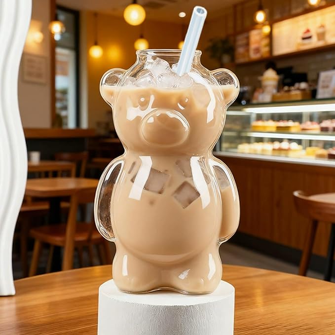 Glass Teddy Bear Cup with Straw - 10 oz Adorable Bear Glass Mug for Coffee, Wine & Cocktails - Cute Honey Straw Cup
