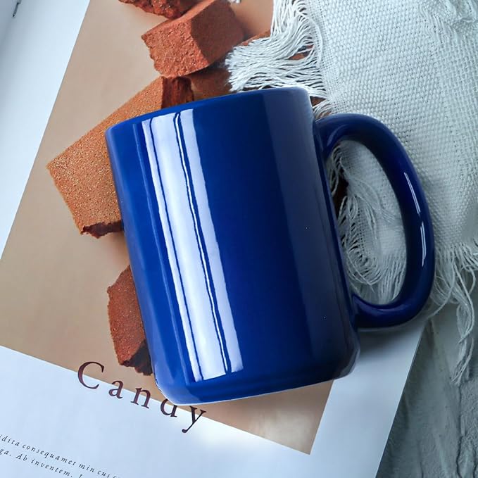16 OZ Porcelain Coffee Mug, Classic Blank Ceramic Cup with Large Handle for Tea Latte Cappuccino, Blue