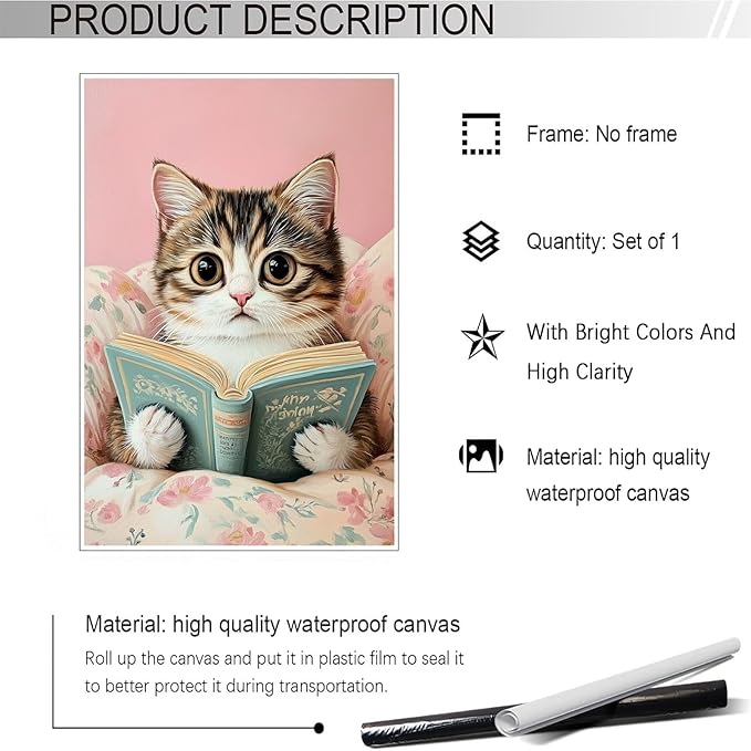 Funky Cute Cats Reading Books Canvas Wall Art Funny Pet Cat Animal Poster Trendy Pink Flower Wall Decor Cat Lovers Prints Painting For Home Bedroom Kids Room Dorm Wall Decor 12x16in Unframed