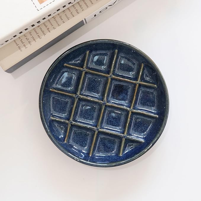 Ceramic Slow Feeder Bowls 6 Inch Shallow Whisker Friendly Food Bowls Grid Dishes Pet Plate for Cat and Puppy, Dishwasher Safe (Dark Blue)