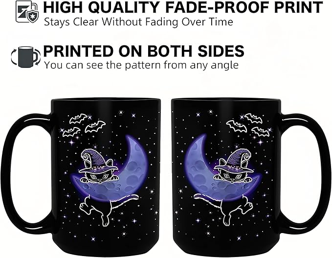 Halloween Witchy Black Cat Coffee Mug, 15oz Gothic Novelty Ceramic Cup, Celestial Moon & Star Spooky Design, Ideal for Hot & Cold Drinks, Cat Lover Gift, Goth Home Decor, Fun Gift for Women & Men