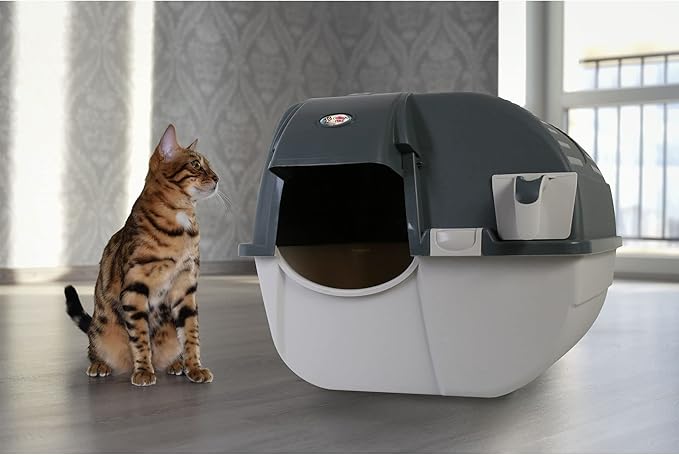 Omega Paw Premium Roll 'N Clean Self Cleaning Litter Box with Integrated Litter Step and Unique Sifting Grill for Quick Maintenance, Large Size, Gray