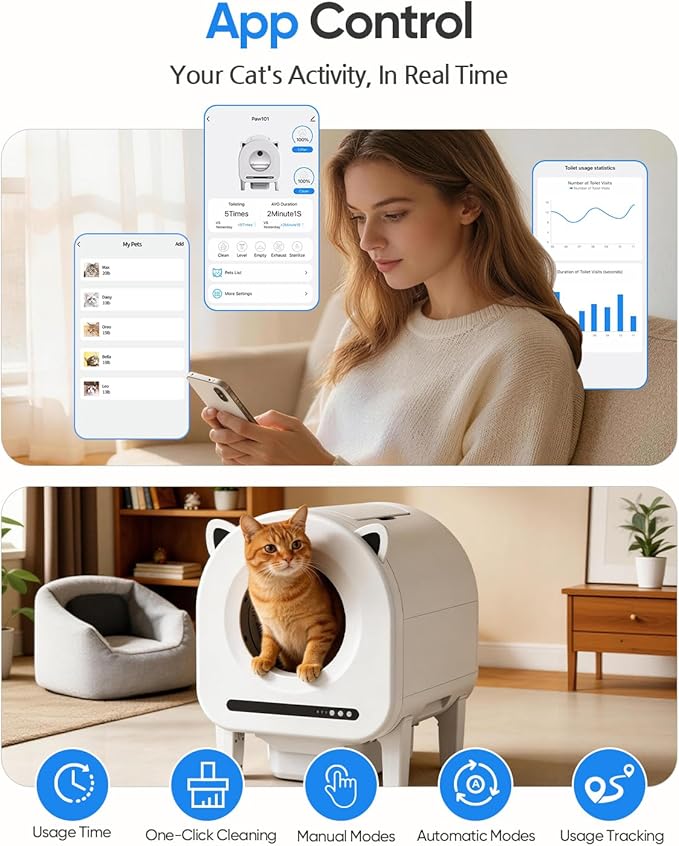 pupbay Automatic Cat Litter Box, Self Cleaning Litter Box 68L Large Capacity for Multiple Cats, App Control with Dual Safety Sensors, Anti-Pinch & Odor Control, Washable Liner & 2 Rolls Trash Bags