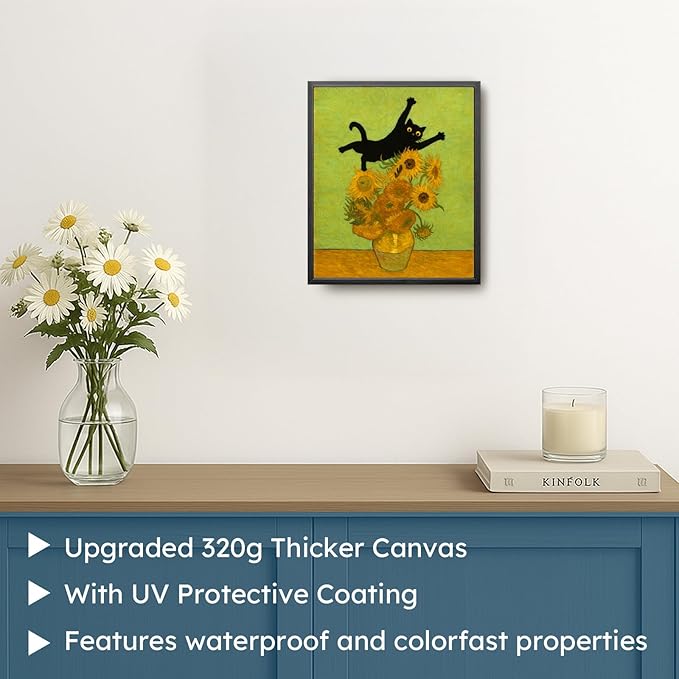 Madewell Living Van Gogh-Style Cat Art - Funny Black Cat in Sunflowers Print, Framed Wall Art (8x10 inch) - Ready to Hang, Waterproof Living Room & Bedroom Decor