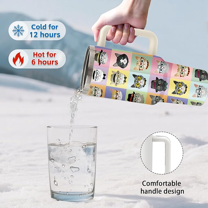 Cat Lover Gifts - Funny Cat Tumbler 40oz with Handle and Straws, Leak-proof, Stainless Steel Insulated Travel Coffee Mugs for Cats Themed Cups, Animal Cats Lovers Pet Mom Birthday Gifts