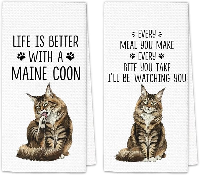 Maine Coon Gifts Cat Kitchen Towels Set of 2, Gifts for MaineCoon Lovers Hand Towels, Life is Better with a Maine Coon Dish Towel Tea Towel for Kitchen, Cat Kitty Owners Kitchen Decor, 16x24In