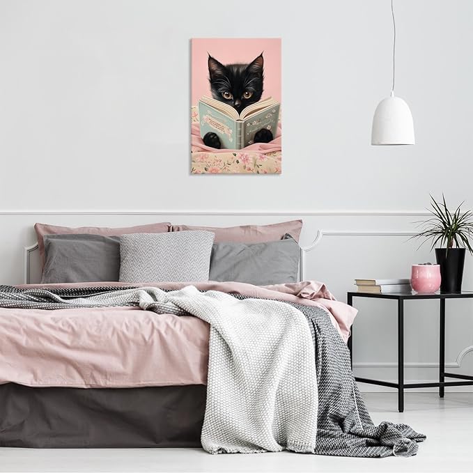 Vintage Cat Canvas Wall Art Funny Cute Cats Reading Books Poster Retro Pink Flower Abstract Animal Aesthetic Prints Painting For Girls Room Bedroom Kids Room Dorm Wall Decor 16x24in Framed