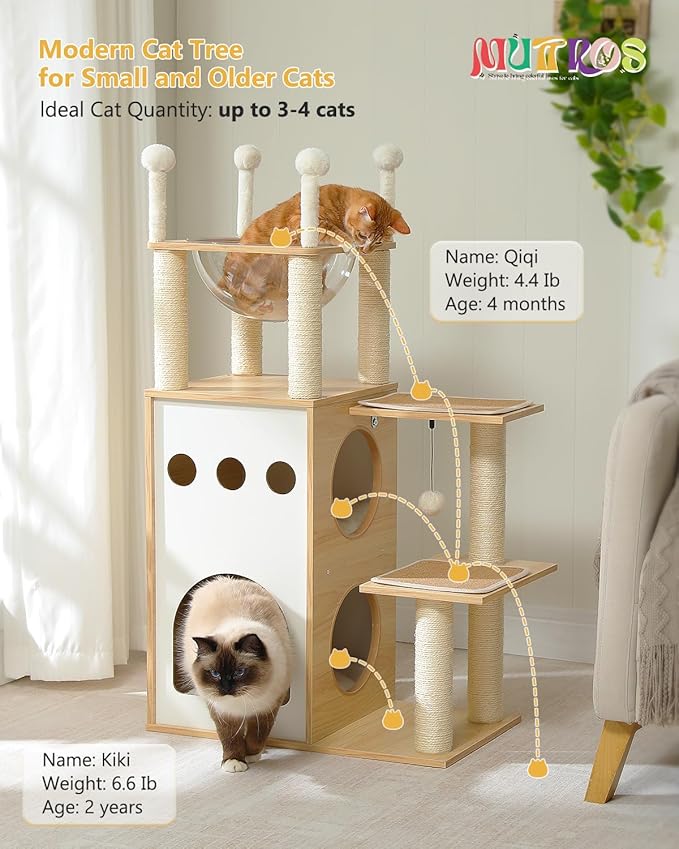 MUTTROS 42.5" Modern Wooden Cat Tree with 2-Story Condo, Scratching Posts, Capsule Nest & Dangling Balls - Sky City Design Indoor Furniture for Cats, Beige