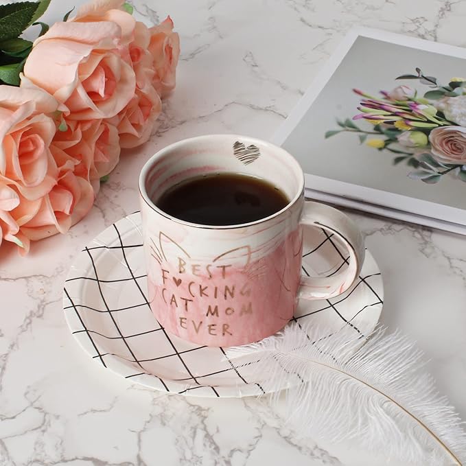 Cat Mom Gifts for Women - Crazy Cat Lady Coffee Mug Gift for Kitten Lover Mom, Daughter, Sister, Aunt, Wife, Best Friends, BFF, Coworkers, Her - Best Mom Ever - Pink Marble Mug, Ceramic 11.5oz Cup