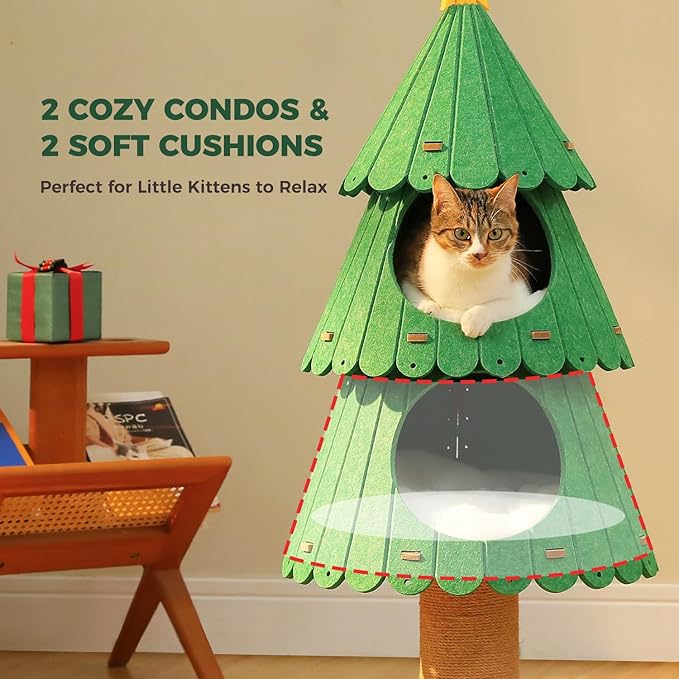MUTTROS 42.9 Inch Cat Tree for Indoor Cats, Cute Cat Tower with 2 Cozy Houses, Holiday Kitty Climbing Furniture for Kittens to Play and Sleep