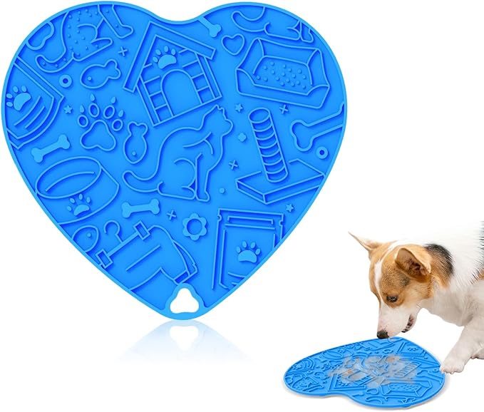 Silicone Slow Feeder Dog & Cat Bowl with Suction Cups – Non-Slip Fun Pattern for Dogs and Cats, Interactive Pet Enrichment Bowl, Treat Eating Feeder, Heart-Shaped Mat Compatible (Blue)