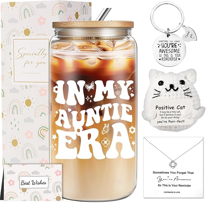 Aunt Christmas Gifts for Women, Best Auntie Birthday Gift ideas from Niece Nephew, 16 Oz Auntie Coffee Glass Thanksgiving Gifts Set for Her