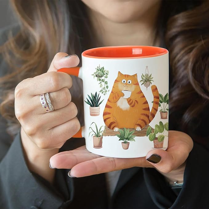 Hyturtle Cute Orange Cat Coffee Mug, Christmas Gifts For Cat Mom, Plant Decor Gift For Plant Lovers, Gardening Birthday Gift for Girls, Gardener Present 11oz Two Tone Orange White Ceramic Tea Mug Cup