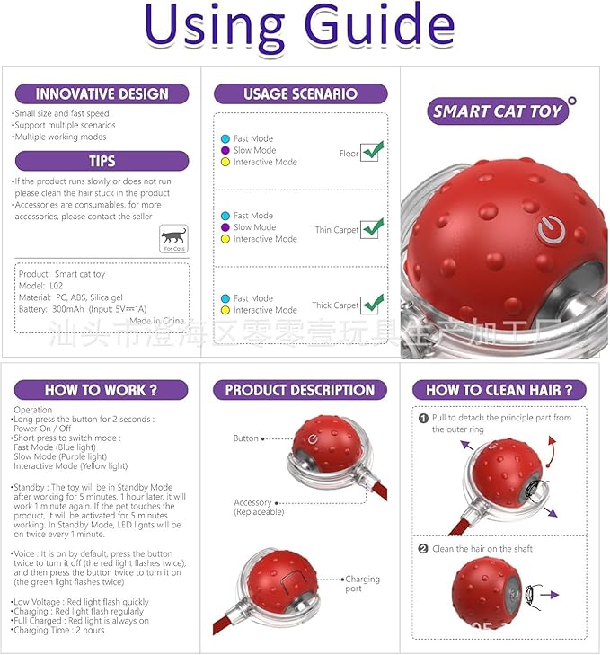 Interactive Cat Toy Balls, 2025 New Interactive Rolling Cat Balls, Upgrade 3.0 Tail Cat‘s Toys with LED Light, Three Modes Smart Automatic Rolling Pet Ball Toy (Grey- Birdcall)
