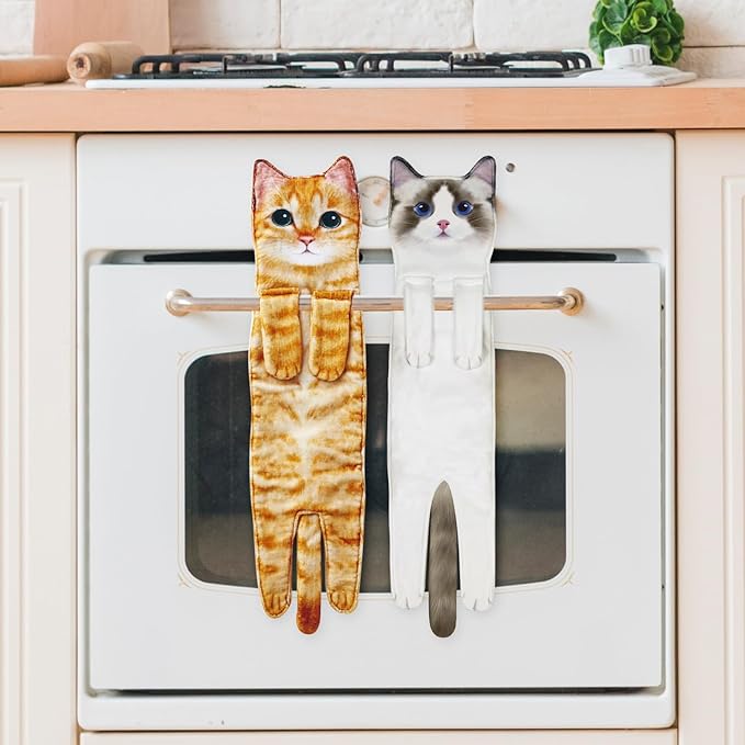 Funny Hand Towels for Bathroom Kitchen Decor - Cute Cat Hanging Hand Towel Kitchen Gadgets - Unique Housewarming Birthday Christmas Cat Lover Gift Ideas for Women Mom Lady Adults