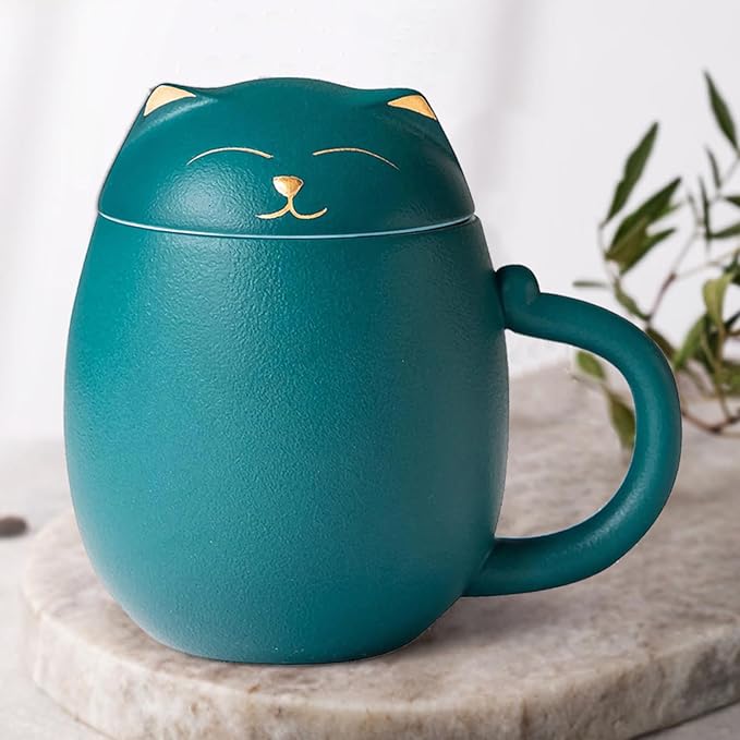 Liywall - Ceramic Tea Mug with Infuser and Lid, Cat Design Handmade Porcelain Tea Cup Strainer With Portable Shockproof Storage Case for Travel Office Home,Wife Girlfriend Gift - Green