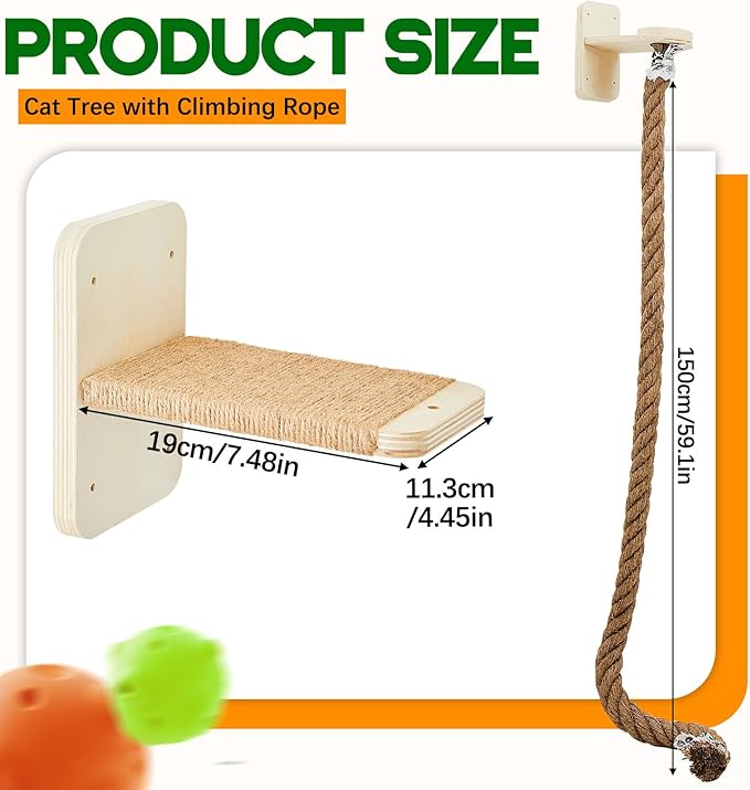 Weysat Cat Tree with 2 x 59.1 Inch Climbing Rope Wall Mounted Cat Climbing Tower Toy with Scratching Post Kitten Rope Ladder with Jumping Platform Wall Steps for Playing and Rest(Wood,Classic)
