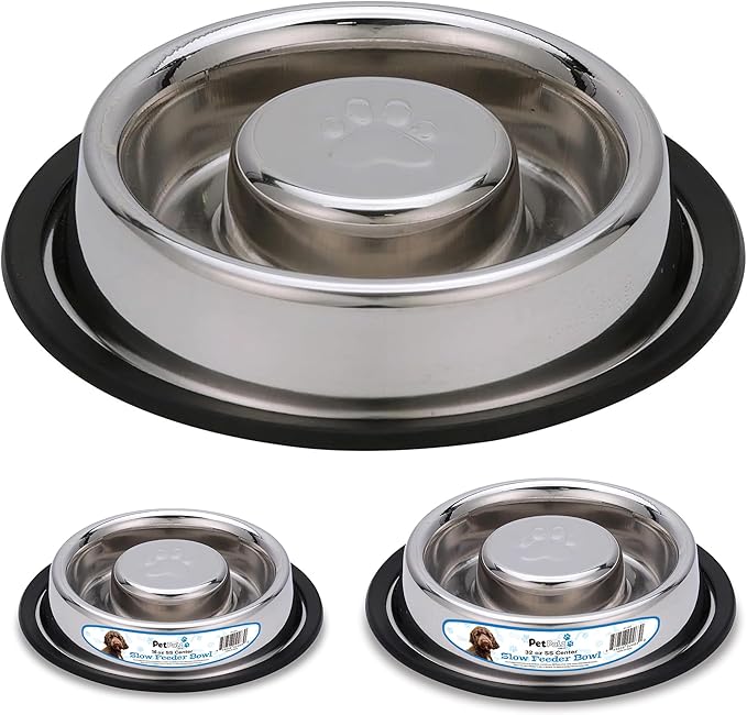 Palz&Co Center Slow Feeder Stainless Steel Dog Bowl, Non Slip, No Spill, Promotes Healthy Eating and Mental Stimulation, Dishwasher Safe (Medium Large 32 oz)