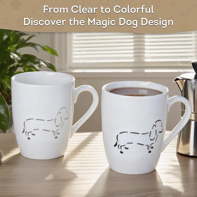 Lily's Home Ceramic Coffee Mug with Hollowed Dog Pattern-13.5 oz, Set of 2-White Porcelain-Microwave & Dishwasher Safe-Dog Lover Coffee Mug for Coffee, Tea, Cappuccino-Housewarming Gift