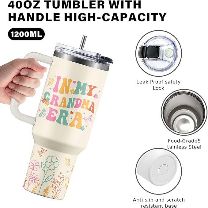 In My Grandma Era Tumbler 40oz - Insulated Stainless Steel Cup with Handle & Straw - Funny Gift for New Grandma, First Time Grandmas, Cool Grammy - Christmas, Birthday Gift for Her