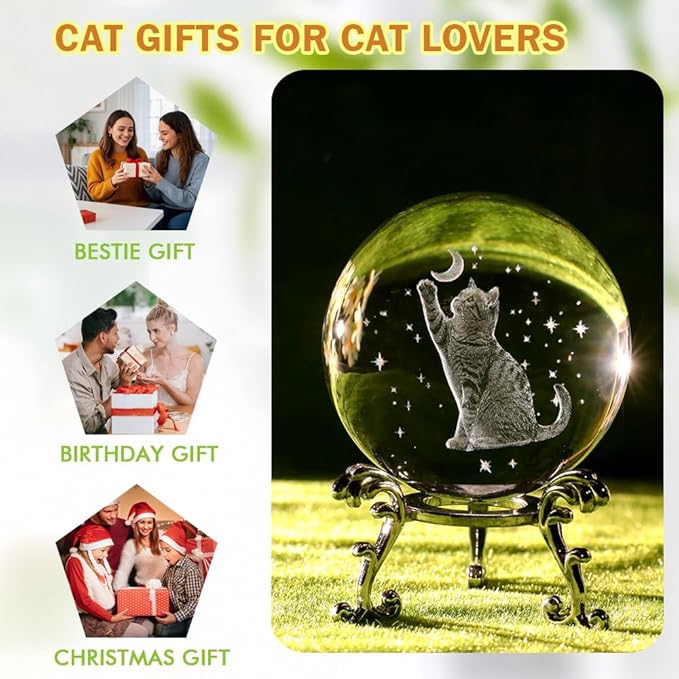 Cat Lover Gifts for Women 3D Cat Crystal Ball Themed Gift Mom Birthday Kitty Laddy Gift for Christmas Mothers Day